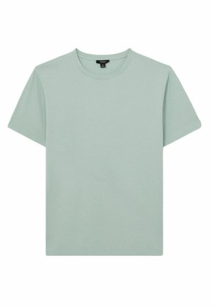 Tricou scurt din bumbac moale, de culoare verde mentă, cu guler rotund și o croială simplă, dreaptă, fără modele sau decorațiuni.