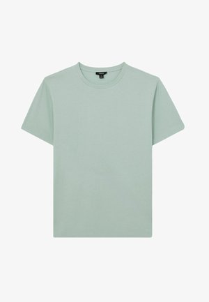Tricou scurt din bumbac moale, de culoare verde mentă, cu guler rotund și o croială simplă, dreaptă, fără modele sau decorațiuni.
