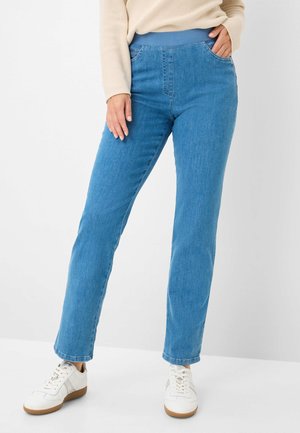 Blauwe denim jeans met een aansluitende tailleband en twee voorzakken. Rechthoekige pasvorm, gladde textuur en enkel-lengte snit.