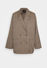 Hnědá kostkovaná dvouřadá blazer s širokými klopami, dvěma předními kapsami a hnědými knoflíky. Vyrobena z texturované látky, s volným střihem.