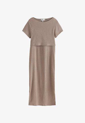 Beiges Kleid in knielanger Länge mit kurzen Ärmeln, aus strukturiertem Stoff, mit einem taillierten Oberteil, das in einen fließenden Rock übergeht.