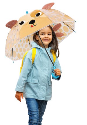 Colorful dog-themed umbrella with cartoonish face and ears, clear canopy, black support structure, held by a child in a blue jacket and yellow backpack.