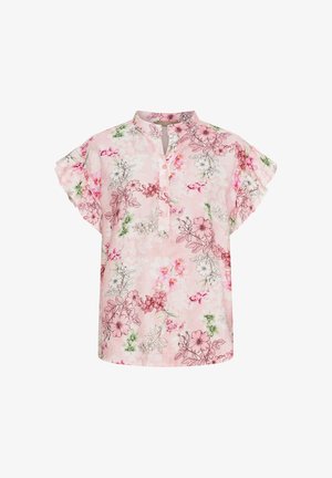 Blomstret kortærmet bluse i lyserødt stof, med mandarin krave og knaplukning, prydet med detaljerede blomstermønstre i forskellige farver.