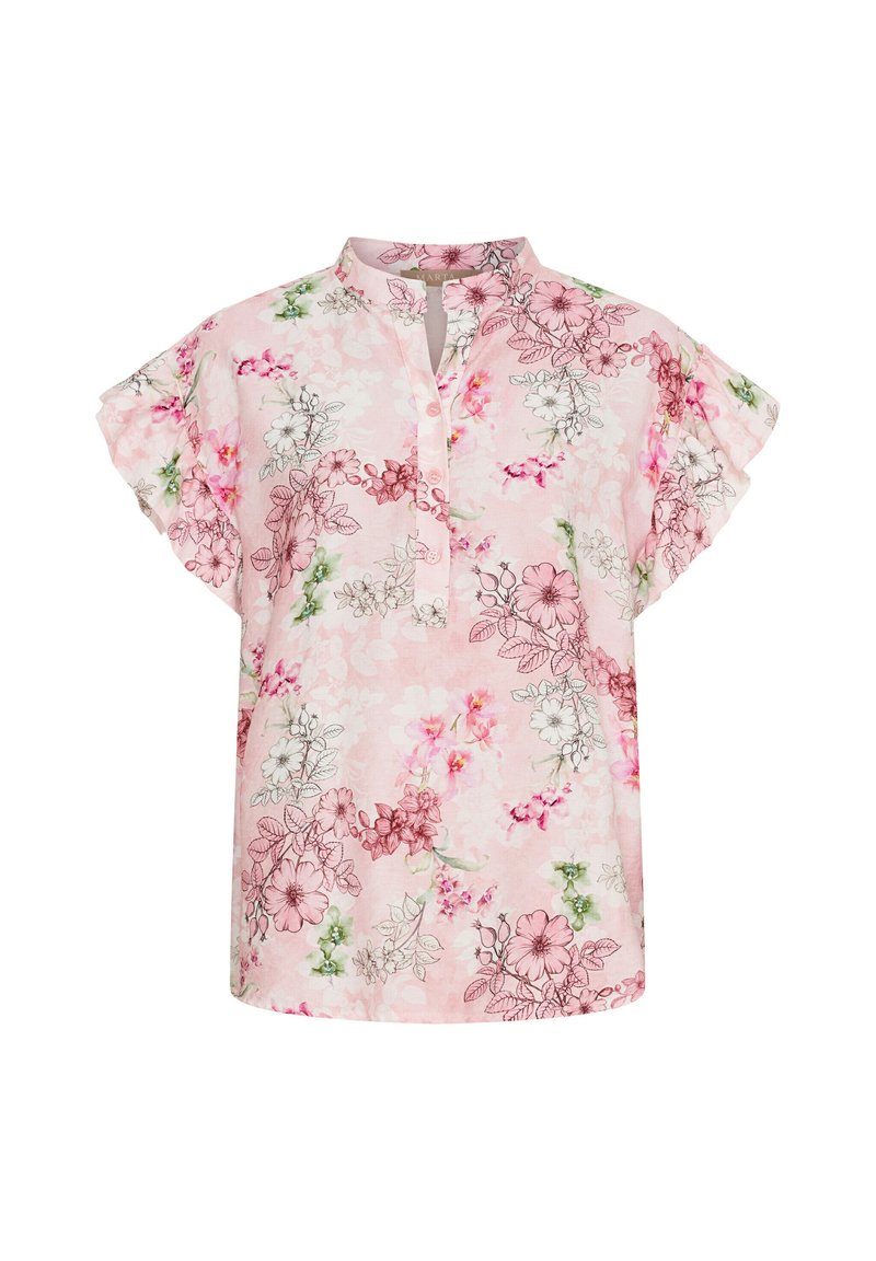 Blomstret kortærmet bluse i lyserødt stof, med mandarin krave og knaplukning, prydet med detaljerede blomstermønstre i forskellige farver.