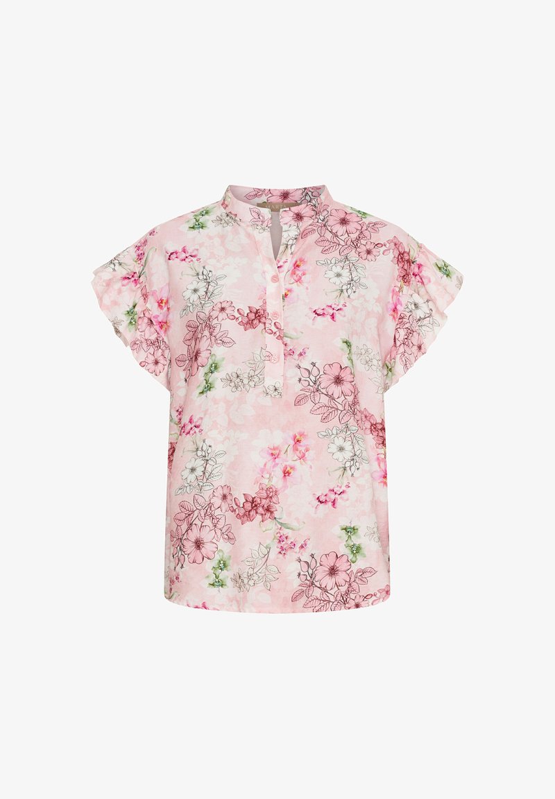 Blomstret kortærmet bluse i lyserødt stof, med mandarin krave og knaplukning, prydet med detaljerede blomstermønstre i forskellige farver.