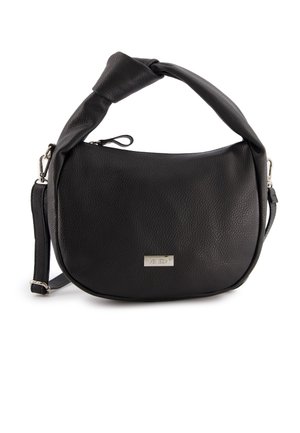 Schwarze Lederhandtasche mit runder Form, geknotetem Henkel und verstellbarem Schultergurt. Besitzt eine silberne Logo-Platte an der Vorderseite.