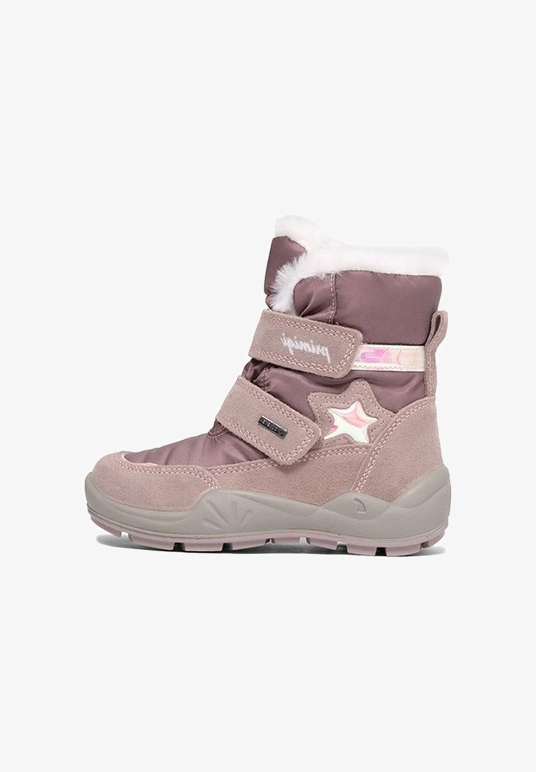 Różowy wodoodporny zimowy but z futrzanym wykończeniem, dwoma rzepami i akcentem w postaci gwiazdki. Posiada solidną gumową podeszwę dla lepszej przyczepności.