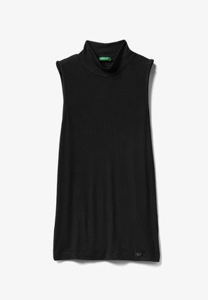 Schwarzes ärmelloses Turtleneck-Oberteil aus geripptem Stoff, mit hohem Kragen und einem dezenten Logo am Saum.