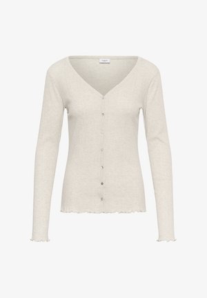 Gaiši bēšs garām piedurknēm džemperis ar V-veida izgriezumu, vertikālu ribotu faktūru un piecām pogām priekšpusē. Krokojumi manžetēs un apakšmalā.