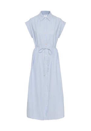 Raištinė suknelė šviesiai mėlynos ir baltos spalvos, turinti trumpas rankoves, mygtukų užsegimą ir juosmens raištį. Pagaminta iš minkštos medžiagos, pasižymi laisvu siluetu.