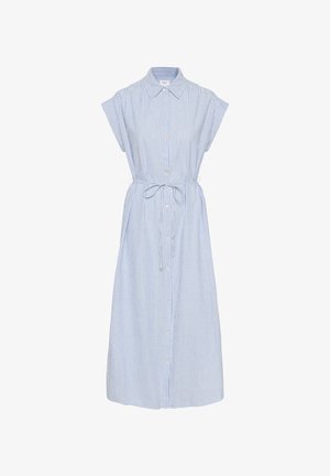 Svītrainā kleita gaisā zils un baltā krāsā, ar īsām piedurknēm, pogu priekšpusi un jostas saiti. Izgatavota no mīksta auduma ar brīvu piegriezumu.