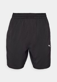 Sorte sportshorts med elastisk talje, lavet af letvægtsstof, med et hvidt Puma-logo nederst til højre.