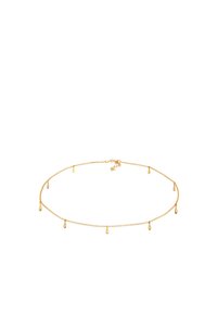 Guld kæde med små dråbeanhæng jævnt fordelt langs længden. Justerbar lukning for pasform. Glat, blank finish.