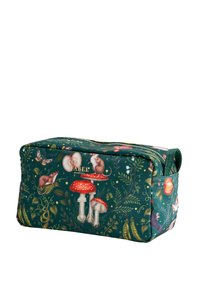 Green cosmetic bag featuring a whimsical forest pattern with mushrooms, animals, and foliage. Zip closure and fabric material with a glossy finish.