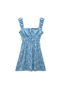 Blauwe jurk met bloemenprint, met een getailleerde lijfje, gerimpelde schouderbanden en een uitlopende rok. Gemaakt van lichtgewicht stof met een zachte textuur.