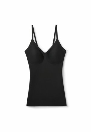 Camisole noire sans couture avec des bretelles fines réglables. Dotée d'un décolleté en V et de bonnets moulés. Fabriquée en tissu lisse et extensible.