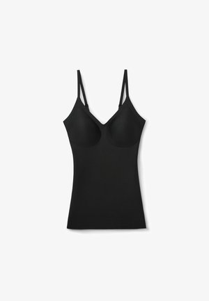 Zwarte naadloze camisole met verstelbare dunne banden. Voorzien van een V-hals ontwerp en voorgemaakte cups. Gemaakt van gladde, rekbare stof.