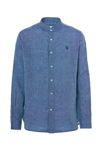 Camicia blu in chambray con colletto alla mandarino, maniche lunghe, piccole aperture laterali e logo tono su tono sul lato sinistro del petto.