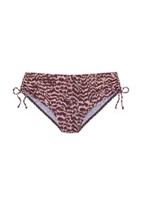 Bas de bikini en imprimé animal brun et rose. Dispose de liens latéraux pour un ajustement réglable et d'une doublure intérieure lisse. Forme rectangulaire avec une couverture modérée.