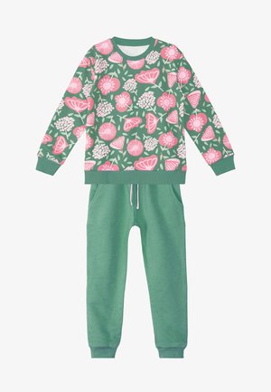Green sweatshirt with pink floral pattern, ribbed cuffs and neckline; matching green sweatpants with elastic waistband and pockets.
