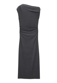 Robe asymétrique gris foncé, avec une texture froncée sur le côté. Tissu lisse et extensible avec une coupe jusqu'aux genoux pour un confort optimal.