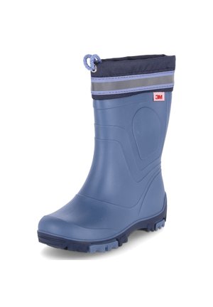 Navy blue rubber rain boot with a textured surface, reinforced toe, and gray fabric collar featuring a drawstring for adjustability.