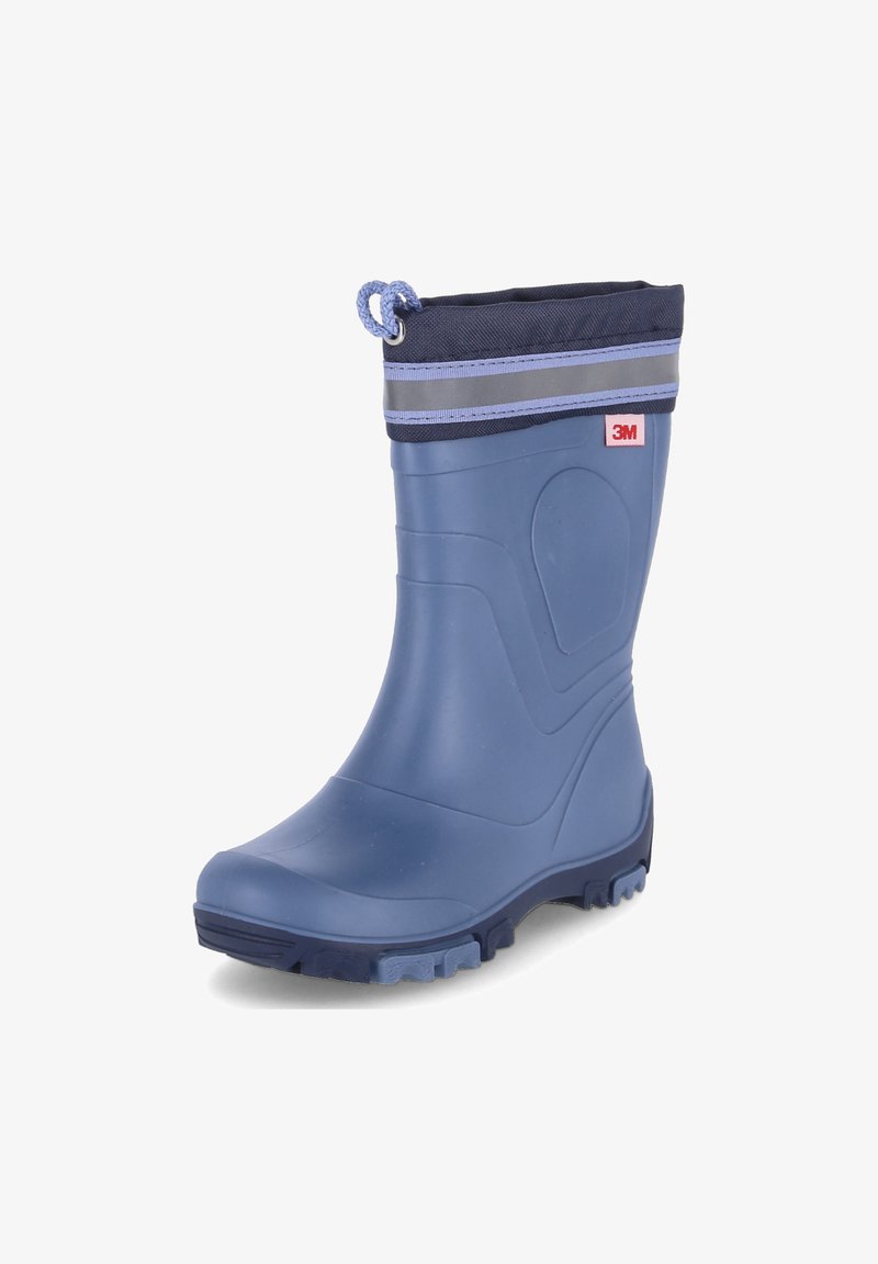 Marineblaue Gummiregenstiefel mit strukturiertem Obermaterial, verstärkter Zehenpartie und grauem Stoffkragen mit verstellbarem Kordelzug.
