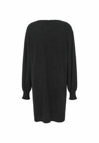 Černé oversized svetr šaty s dlouhými rukávy, žebrovanými manžetami a kulatým výstřihem. Měkká textura, design do poloviny stehen, vhodný pro vrstvení.