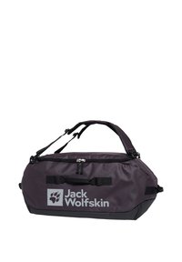 Borsa da viaggio viola scuro, realizzata in tessuto resistente, con una grande cerniera, manici per il trasporto e un logo bianco ben visibile sulla parte frontale.