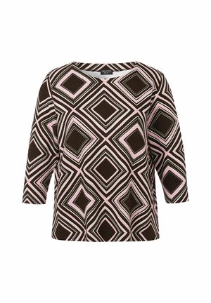 Long-sleeve blouse with a round neckline and geometric diamond pattern in black, white, and pale pink colors.
