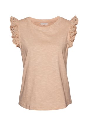 Perzikkleurig top met korte mouwen, versierd met gerimpelde eyelet kantaccenten op de mouwen, met een ronde halslijn en een zachte, textuurrijke stof.