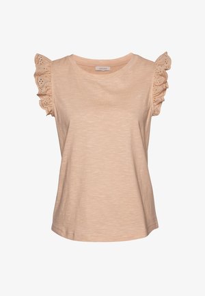 Perzikkleurig top met korte mouwen, versierd met gerimpelde eyelet kantaccenten op de mouwen, met een ronde halslijn en een zachte, textuurrijke stof.