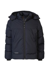 Marineblaue, gepuffte Jacke mit Kapuze, ausgestattet mit einem Reißverschluss auf der Vorderseite, zwei seitlichen Taschen und gerippten Bündchen für Wärme und Komfort.