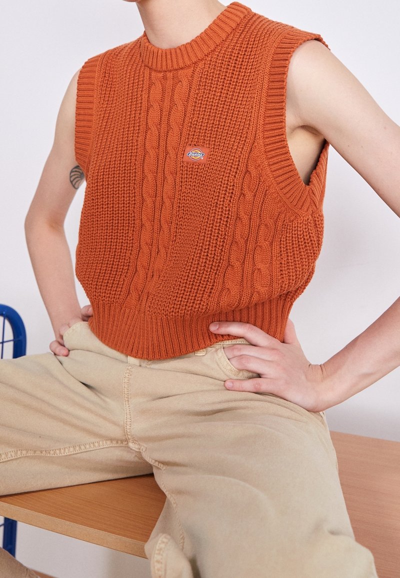 Maglione senza maniche color ruggine con motivi a treccia, scollo e orlo a coste. Presenta una piccola toppa con il marchio sul petto.