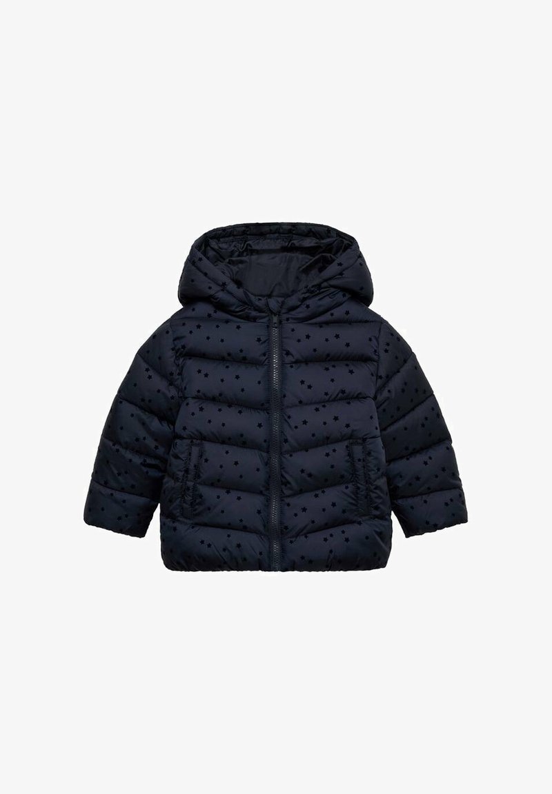 Temno modra puhaste jakna s kapuco, ki ima šite panele, okraske v obliki zvezd, sprednji zadrgo in dve stranski žepi.