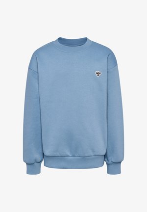Jasnoniebieska bluza wykonana z mieszanki bawełny, z prążkowanym okrągłym dekoltem, elastycznymi mankietami oraz małym haftowanym logo na piersi.