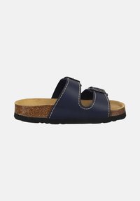 Sandalo blu navy con due cinturini regolabili, suola in sughero e suola in gomma, con accessori brandizzati e dettagli di cucitura a contrasto.