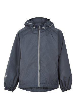 Veste imperméable marine avec capuche, poignets élastiques, fermeture éclair à l'avant et accents réfléchissants sur les épaules. Fabriquée à partir d'un matériau synthétique léger.