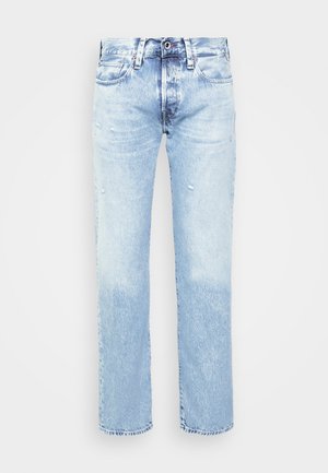 Lichtblauwe denim jeans met een rechte pasvorm, versleten details en een vervaagde afwerking, met vijf zakken en een knoopsluiting.