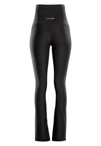 Black leggings made from smooth, stretchy fabric. High-waisted design featuring a flat waistband and slight flare at the ankle.