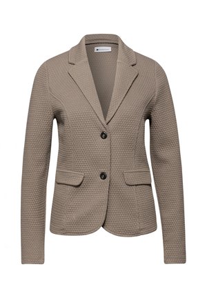 Taupe tekstureret dameblazer med hakkede revers, to sorte knapper og forlommer med klap, vist på hvid baggrund.