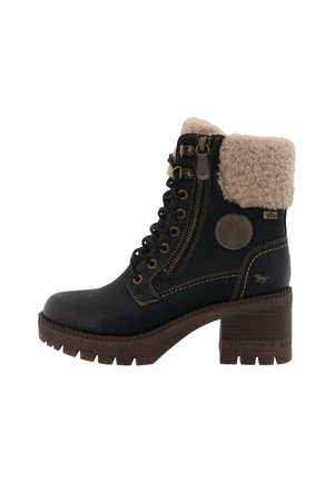 Bottines noires en cuir avec un revers en fausse fourrure, couture décorative, fermeture éclair sur le côté et un large talon bloc. Semelle en caoutchouc texturée pour une meilleure adhérence.