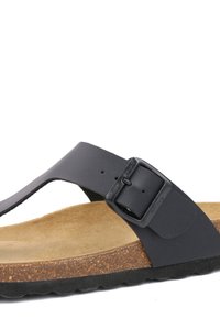 Zwarte leren sandaal met een teenstuk en band, voorzien van een rechthoekige zilveren gesp. Korken voetbed en getextureerde rubberen zool.