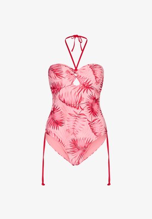 Costume da bagno intero rosa con motivo a foglia di palma rossa, legatura al collo a halter e lacci sui lati. Presenta un dettaglio a taglio centrale sul busto.