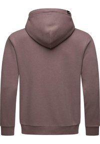Hoodie in gedempt mauve, met een zachte textuur en lange mouwen. Achteraan is een drie-panel capuchon en geribbelde manchetten zichtbaar.