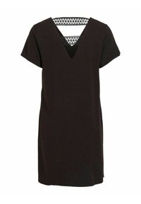 Svart kortärmad klänning med djup V-ringning och en dekorativ, geometrisk utskärning bak. Slätt tyg med avslappnad passform.