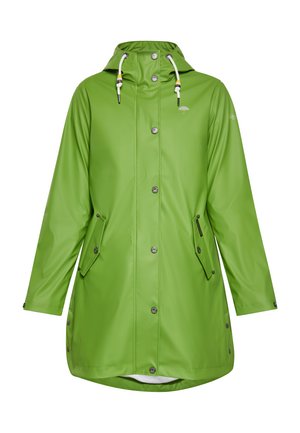 Roheline veekindel vihmamantel, millel on tõmbluku kapuuts, nööbiga sulgemine, küljetaskud ja sile, läikiv pind.