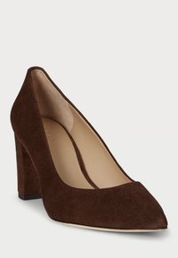 Brown suede high heel pump with a pointed toe, v-cut sides, and a block heel. Smooth interior lining and black sole.