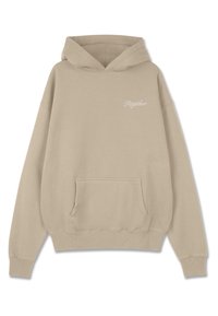 Beigā kapucīna džemperis, izgatavots no kokvilnas, ar priekšējo kabatu, ribotām piedurknēm un nelielu baltu logotipu uz krūtīm.