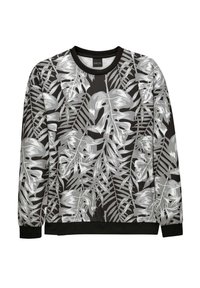 Zwarte sweatshirt met een grijs en wit tropisch bladerenpatroon, lange mouwen, ronde halslijn en ribgebreide boorden en zoom.